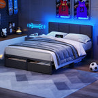 Full Size Bed Frame With Headboard, Upholstered Full Bed Frame With Led Light, Usb Charging Station, Platform Bedframe With 2 Fabric Underbed Storage Drawers, No Spring Box Needed