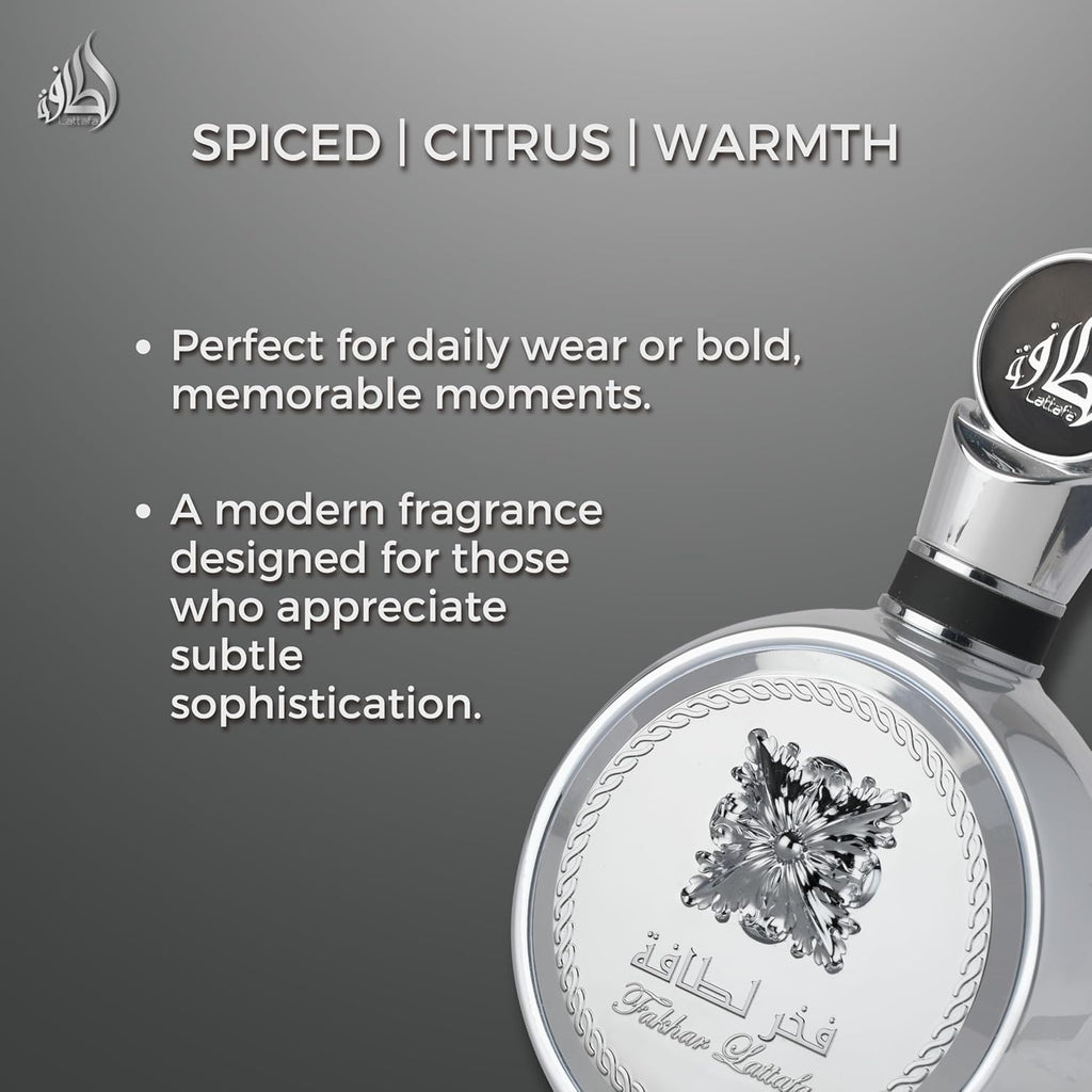 Lattafa Fakhar Platin – Citrus, Spicy, Aromatic, Woody – Eau de Parfum Spray Long-Lasting Fragrance for Unisex, 3.4 Ounce / 100 ml
