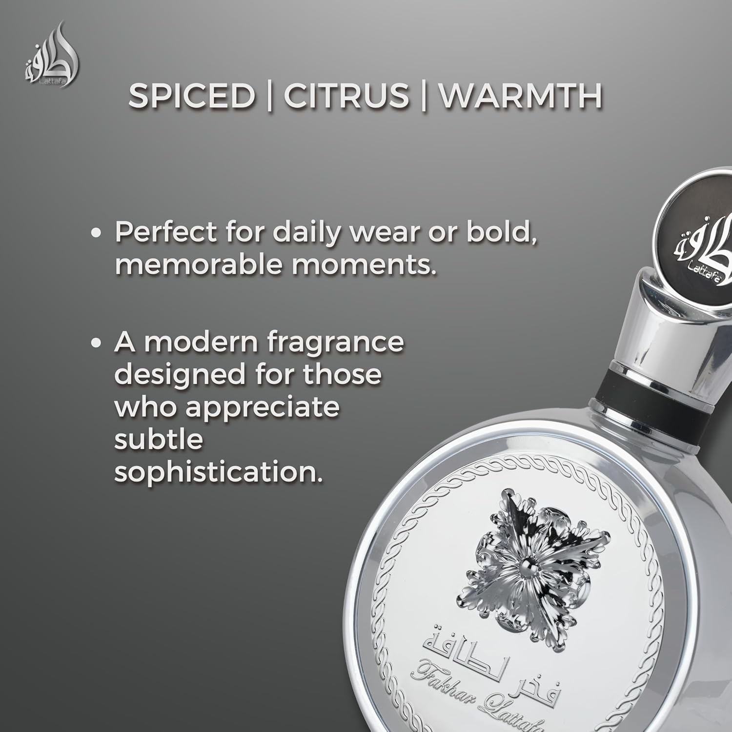 Lattafa Fakhar Platin – Citrus, Spicy, Aromatic, Woody – Eau de Parfum Spray Long-Lasting Fragrance for Unisex, 3.4 Ounce / 100 ml