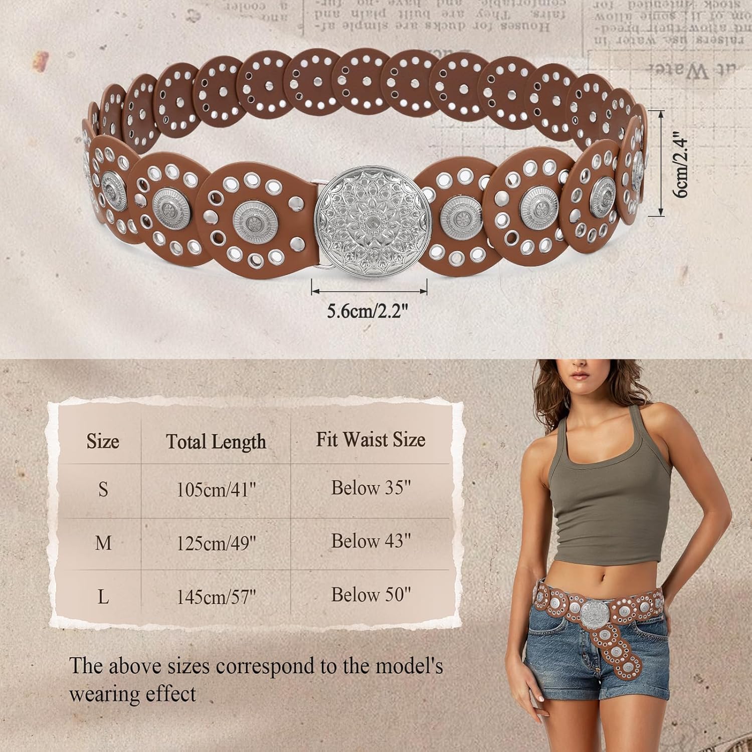 WHIPPY Western Belts for Women Vintage Disc Waist Belts Concho Leather Belts Boho Waist Belt for Dress Jeans