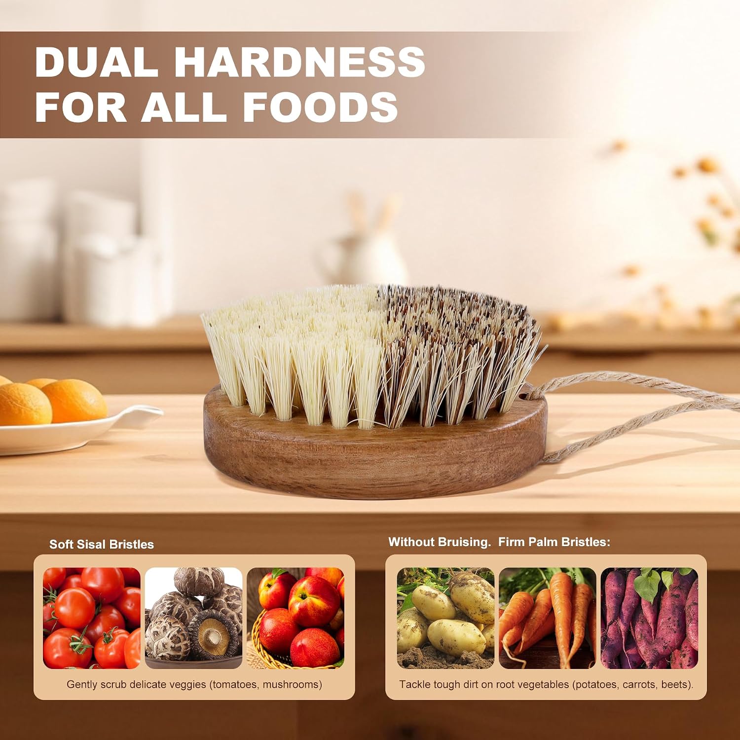 2 Pack Wooden Vegetable Brush For Food - Dual Bristle Potato Brush Scrubber With Hanging Rope | Natural Compostable Kitchen Vegetable Scrubber For Potatoes, Carrots, Fruits