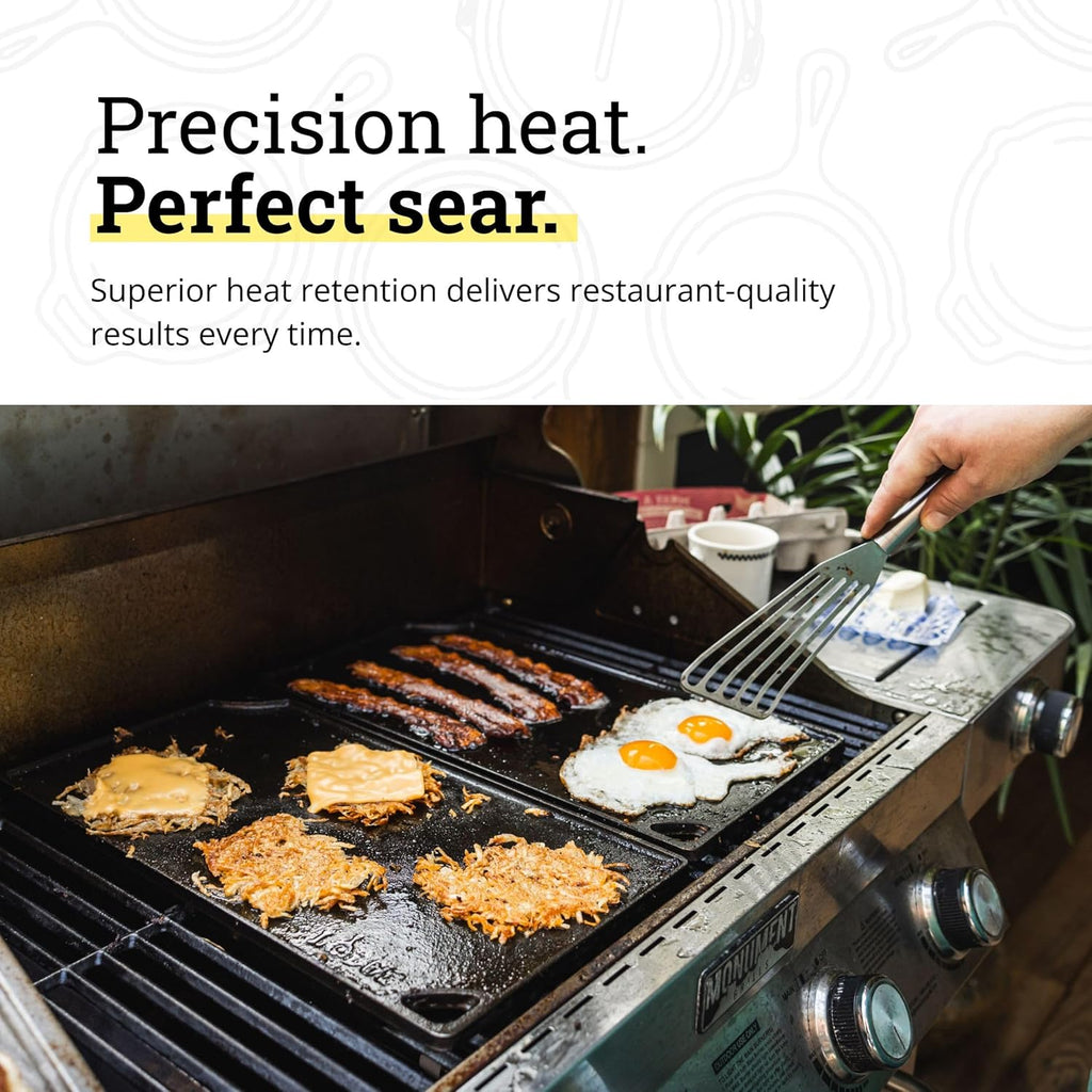 Lodge Reversible Cast Iron Grill/Griddle Pan 16.75 x 9.5 - Pre-Seasoned Dual-Sided Double Burner for BBQ, Eggs, Pancakes, Burgers - PFAS Free Cookware - Flat Top Plate for Oven, Grill, & Campfire