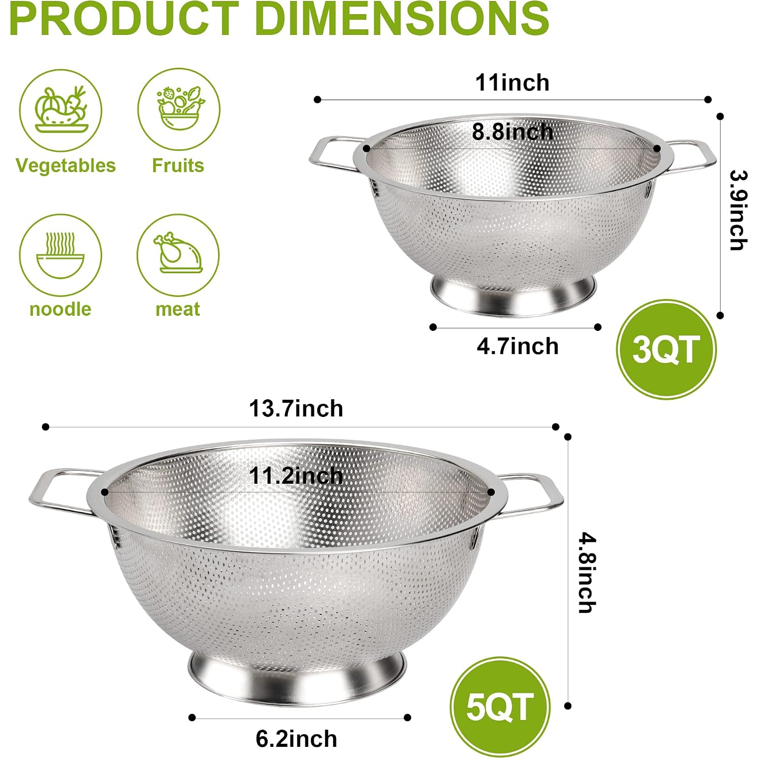 Gulex Colander Stainless Steel 3-Quart, Strainer Kitchen, Dishwasher Safe
