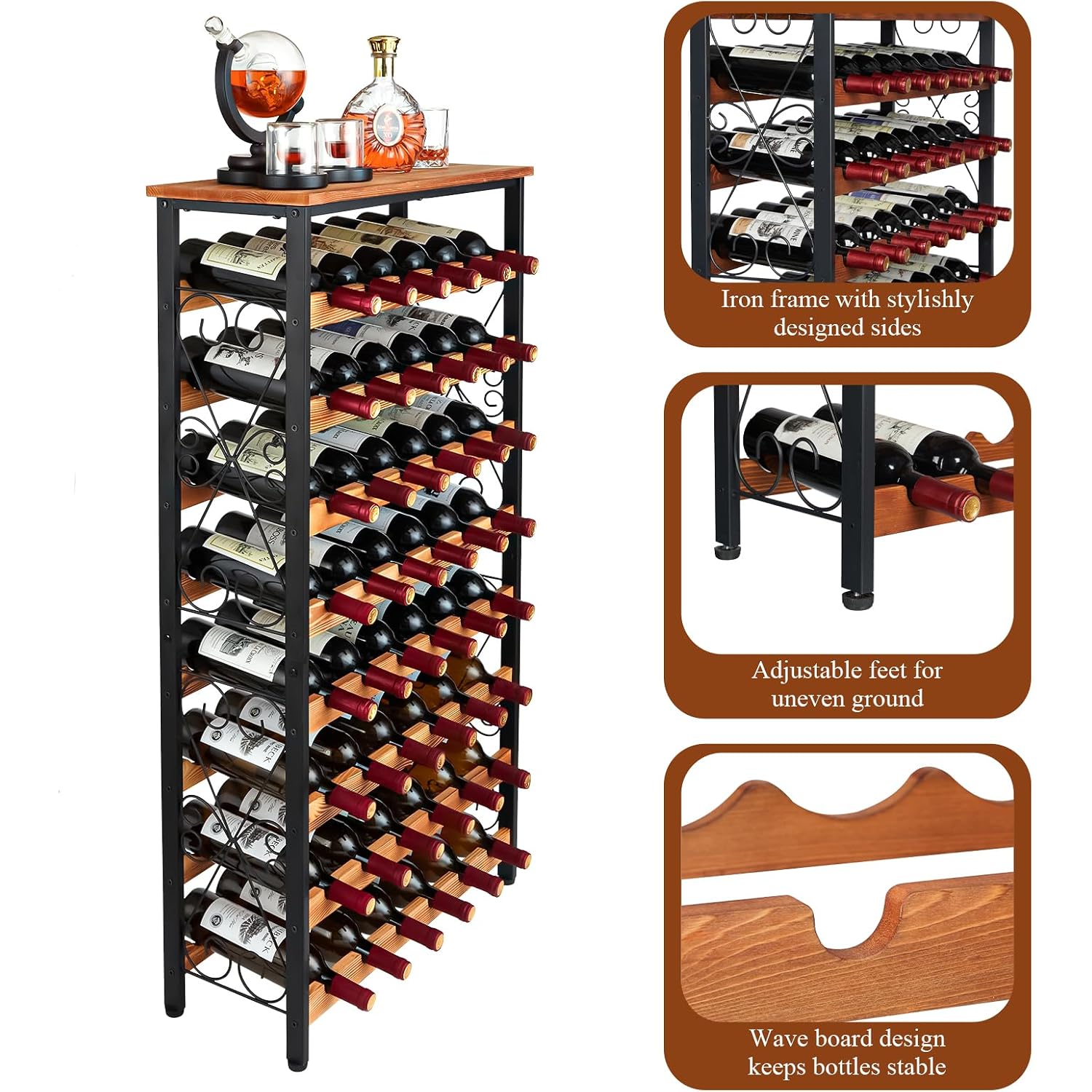 48 Bottle Wine Rack Freestanding Floor With Wood Top,8-Tier Wine Storage Shelf With Serving Station, Wine Holder For Kitchen, Bar, Dining Room, Home Bar Cabinet For Wine Bottles, No Wobble