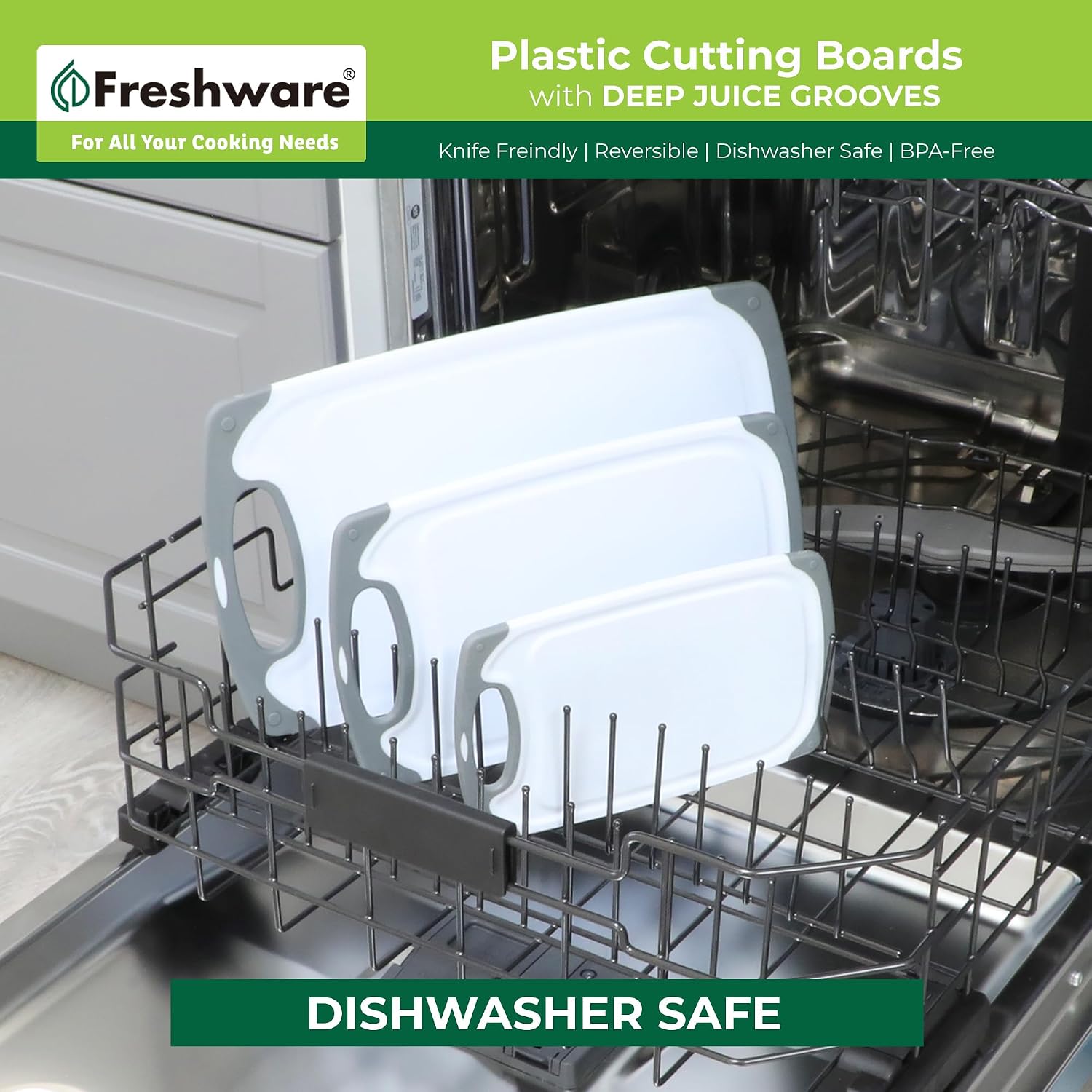 Freshware Cutting Boards For Kitchen, Chopping Board 3-Pack With Different Sizes, Juice Grooves And Non Slip Handles - Reversible, Large Cutting Board Set - Dishwasher Safe - Gray
