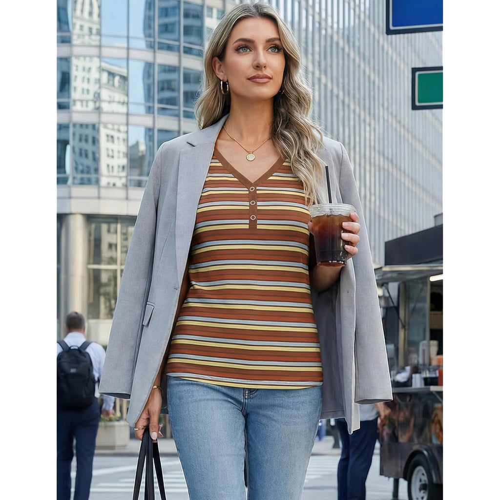 Women's Summer Tank Tops 2026 Striped V Neck Sleeveless Casual Henley Shirts Colourful Button Cami Tee