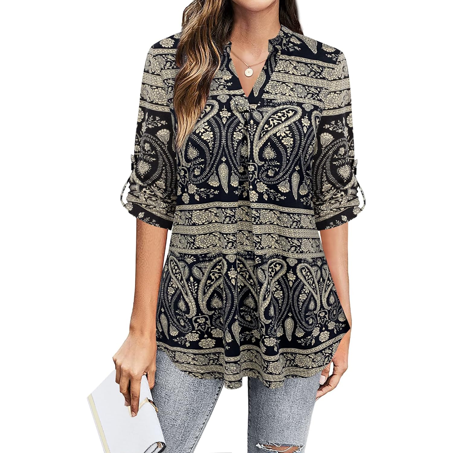 Bepei Womens Tops Dressy Casual 3/4 Sleeve Blouses V Neck Business Work Shirts