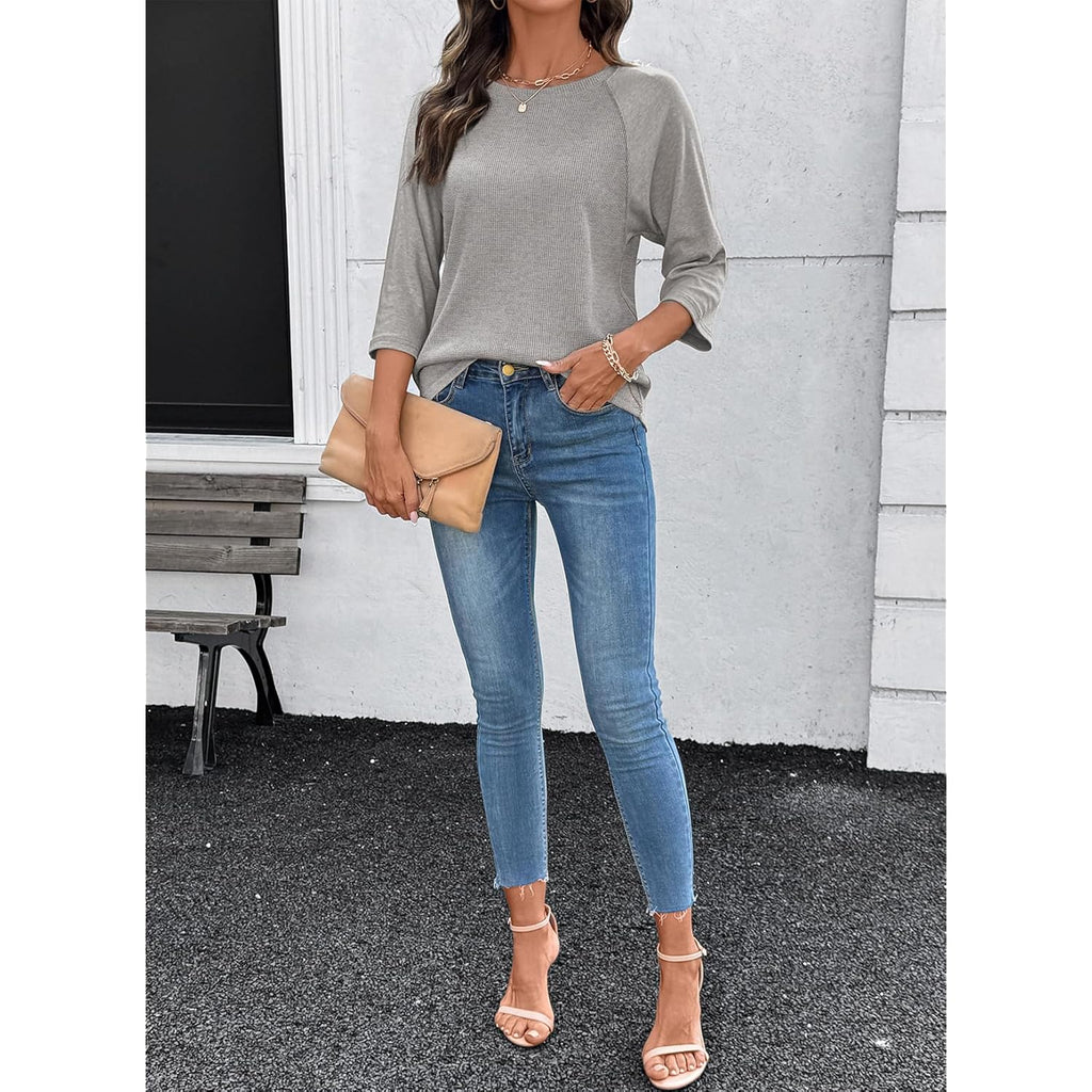 Womens Tops Spring Summer 3/4 Length Sleeve Fashion T Shirts for Women Crewneck Waffle Knit Casual Loose Tee Blouses