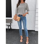 Womens Tops Spring Summer 3/4 Length Sleeve Fashion T Shirts for Women Crewneck Waffle Knit Casual Loose Tee Blouses