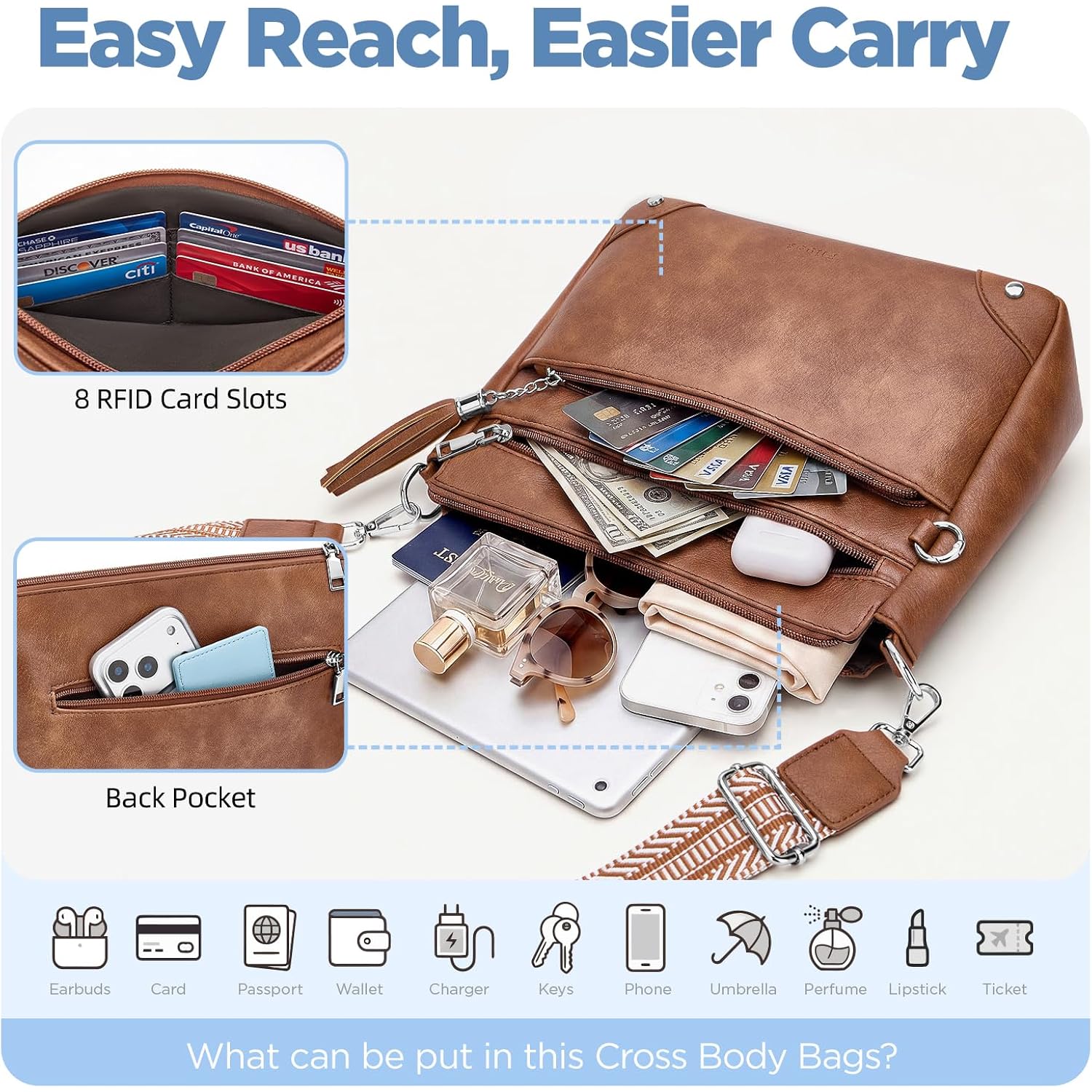Anti Theft Crossbody Purse For Women Rfid Crossbody Bags For Travel Vegan Leather Cross Body Bag With Built-In Wallet
