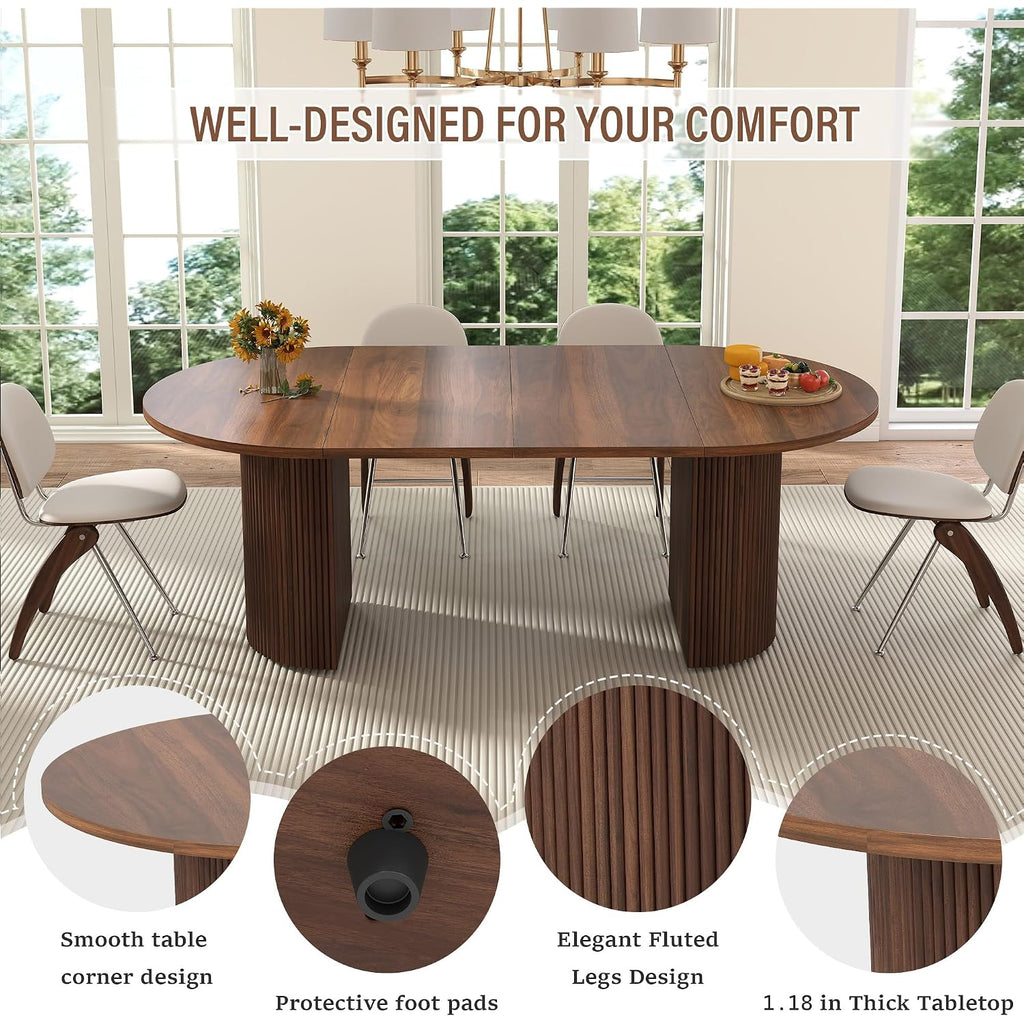 41 In-78 In Extendable Dining Room Table For 4-8, Round Expandable Kitchen Table With Fluted Base, Modern Farmhouse Oval Dinner Tables For Dining Room Kitchen Living Room (Walnut)