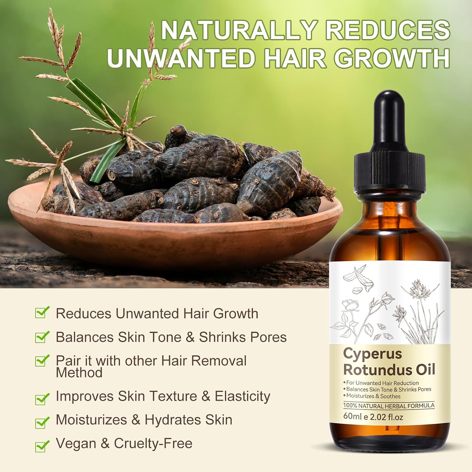 Cyperus Rotundus Oil, Natural For Reducing Body Hair Growth, Cyperus Rotundus Oil For Hair Removal, Reduces Unwanted Hair Growth, Reducing Body Hair Growth, Shrink Pores - 2.02 Fl Oz