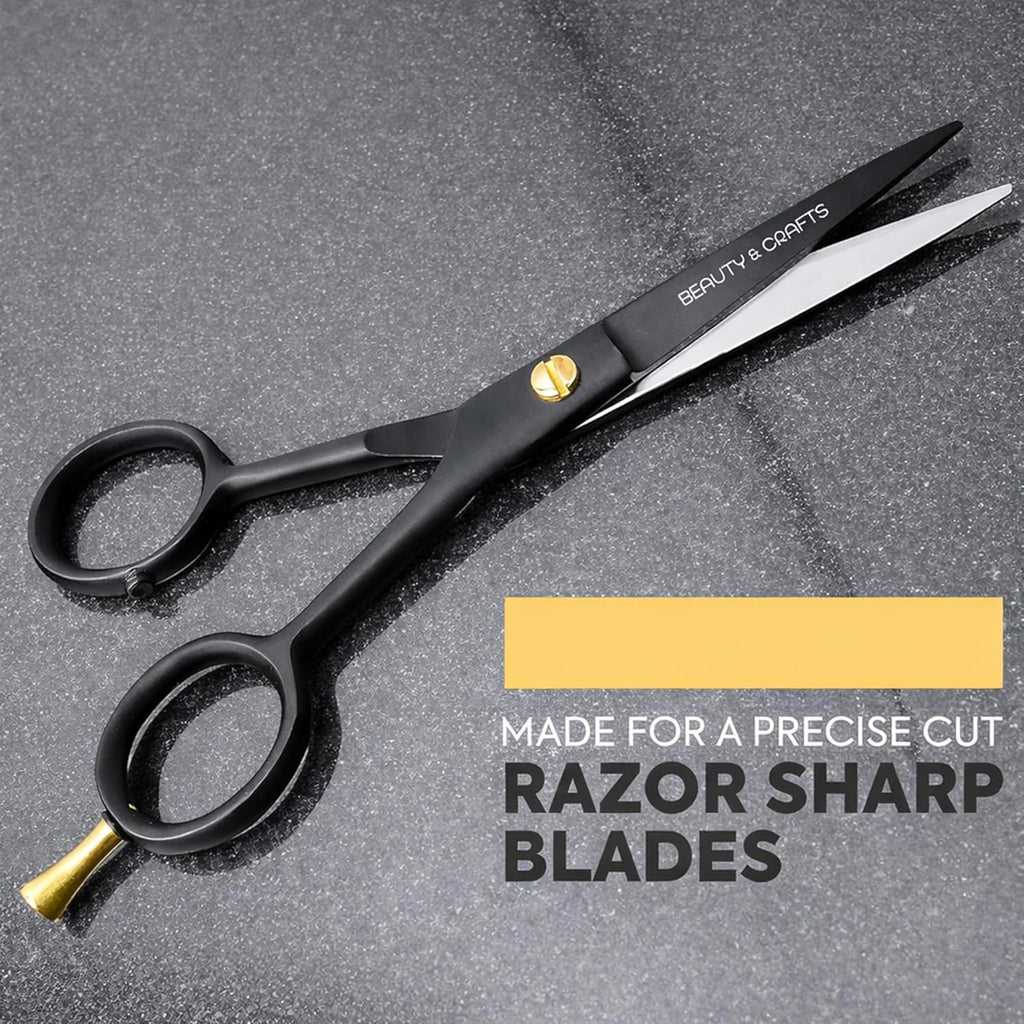 Beauty & Crafts 5” Professional Beard & Mustache Scissors for Men | German Stainless Steel Beard Trimming Shears with 2 Mustache Combs & Premium Pouch for All Facial Hair (Black)