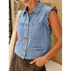 Women'S Casual Denim Vest Sleeveless Ruffle Cuffed Cropped Jacket Tops 2026 | Country Concert Outfits For Women,Western Clothing,Y2K Fashion,Denim Vest Shirts,Spring & Summer Fashion,Button Down Closure