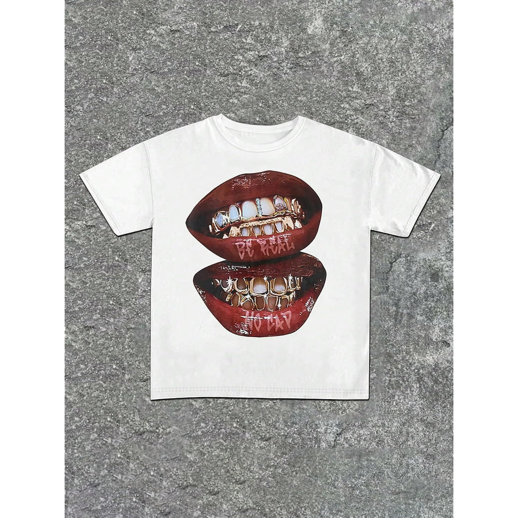 Verdusa Graphic Tees for Women Lips Print 2000s Clothing Short Sleeve Graphic T Shirts Y2k Going Out Tops White
