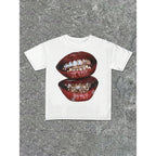 Verdusa Graphic Tees for Women Lips Print 2000s Clothing Short Sleeve Graphic T Shirts Y2k Going Out Tops White