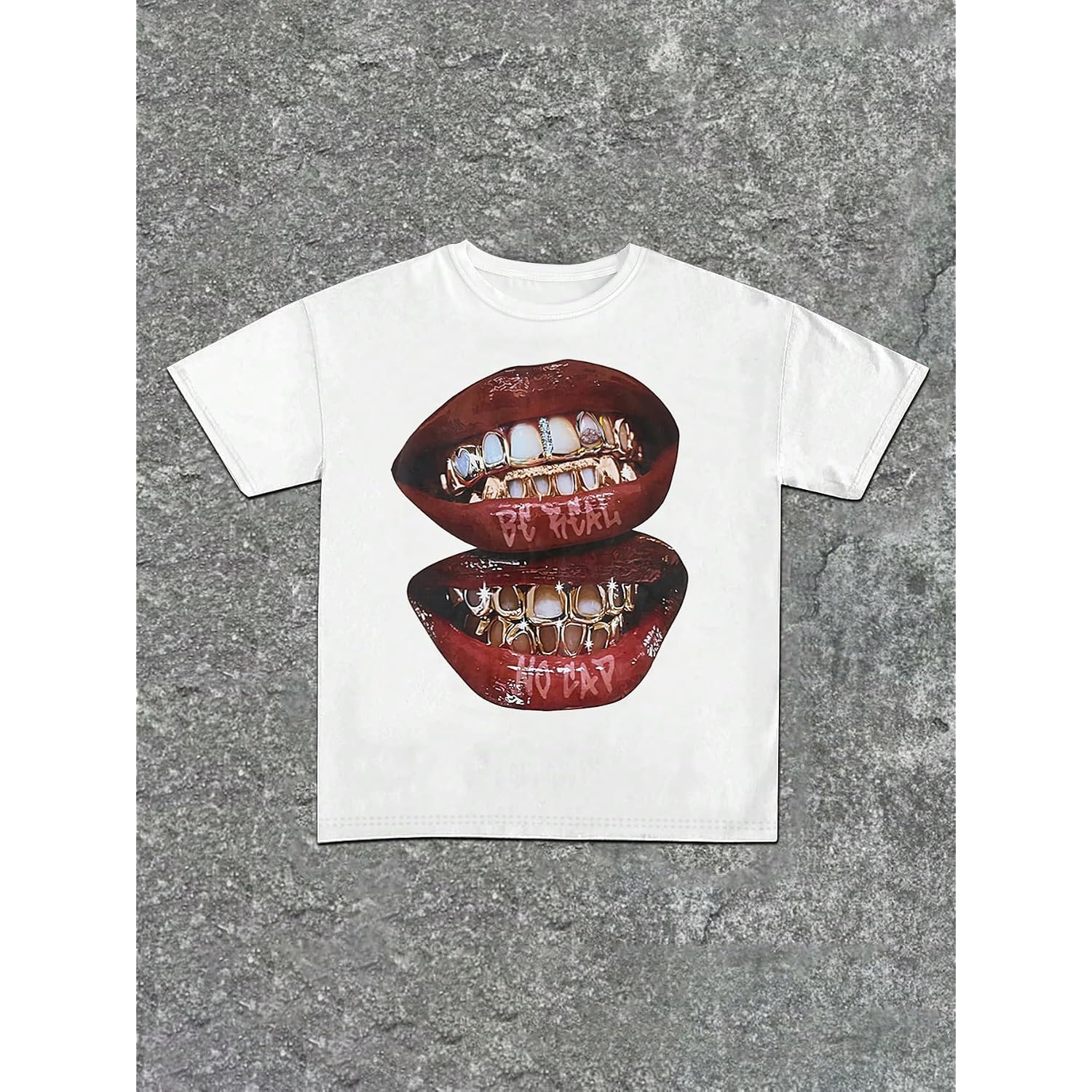 Verdusa Graphic Tees for Women Lips Print 2000s Clothing Short Sleeve Graphic T Shirts Y2k Going Out Tops White