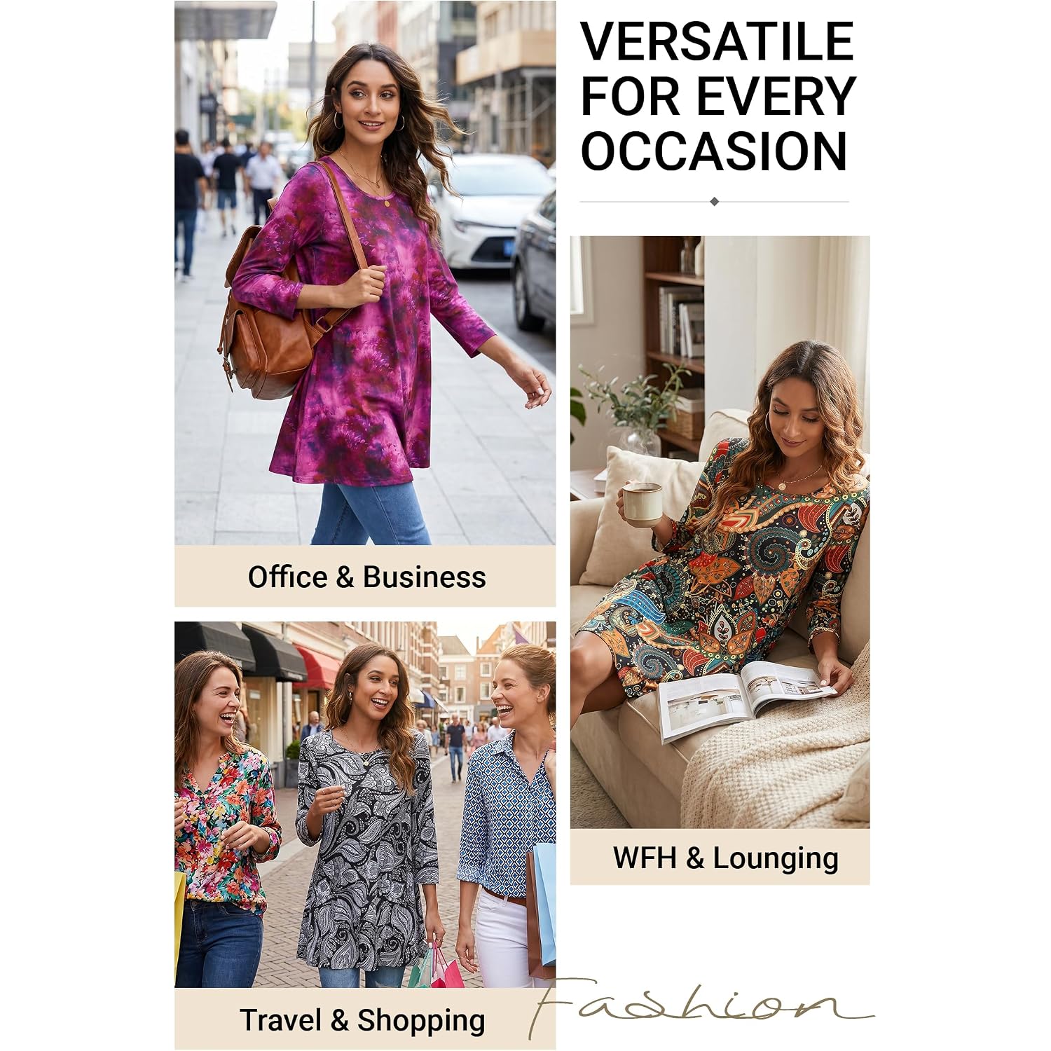 Enmain Womens Tops 3/4 Sleeve Tunic Tops Dressy Casual Plus Size Tunic To Wear With Leggings Swing Shirt Loose Fit Blouses