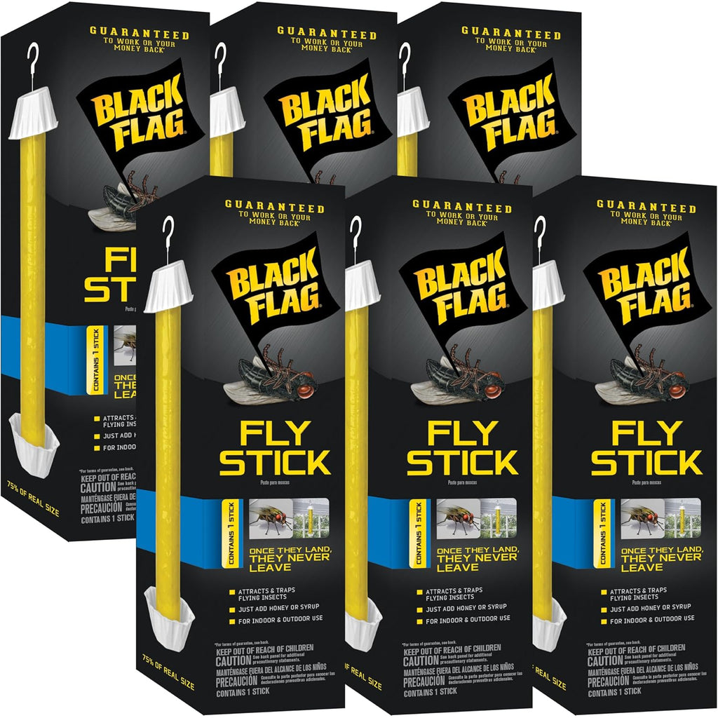 Black Flag Fly Stick, Trap Houseflies And Flying Insects, Pack Of 6