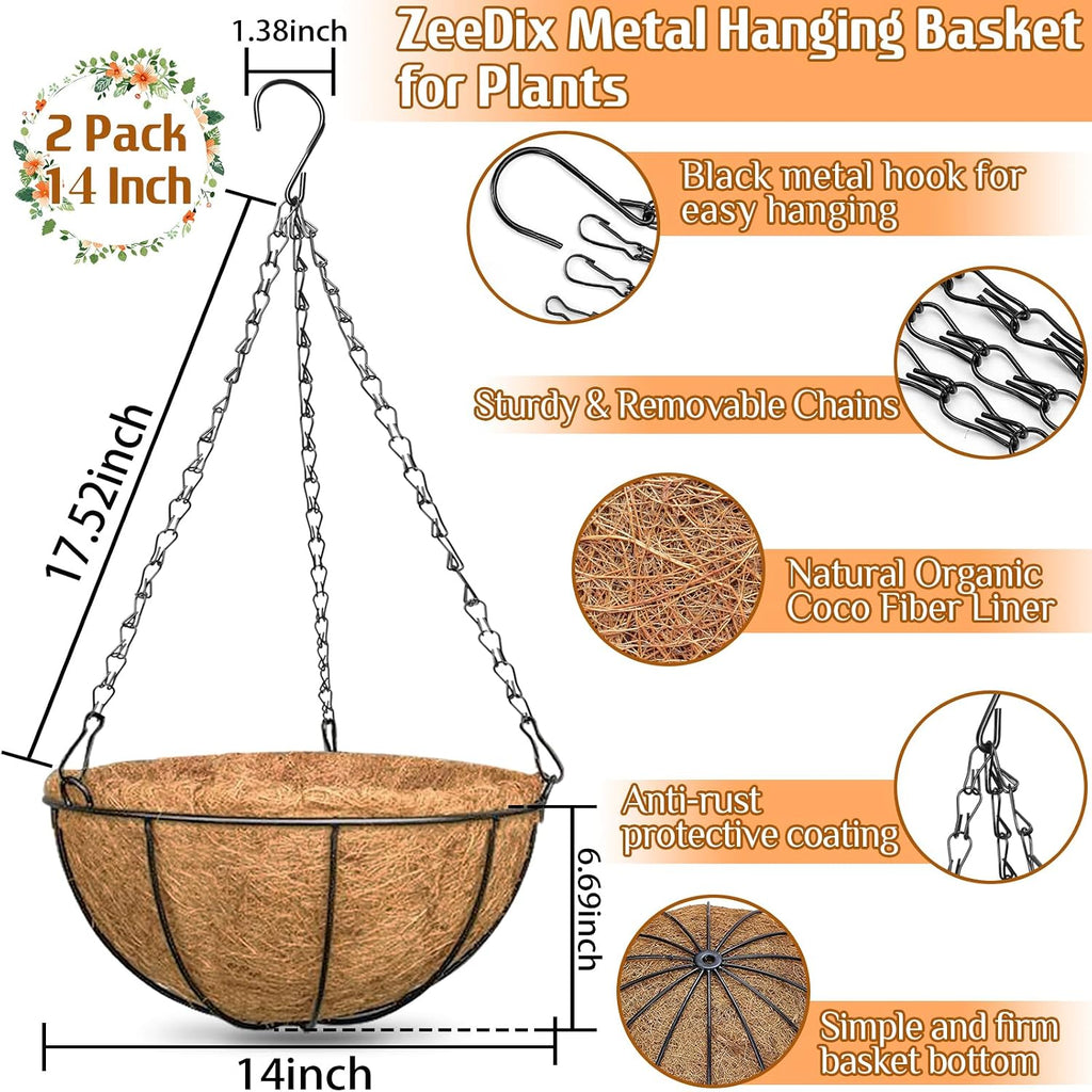 2 Pack 14 Inch Hanging Baskets For Plants Outdoor, Metal Wire Round Planters With Coco Liner, Hanging Flower Baskets For Home Garden Porch Balcony Railings Decor