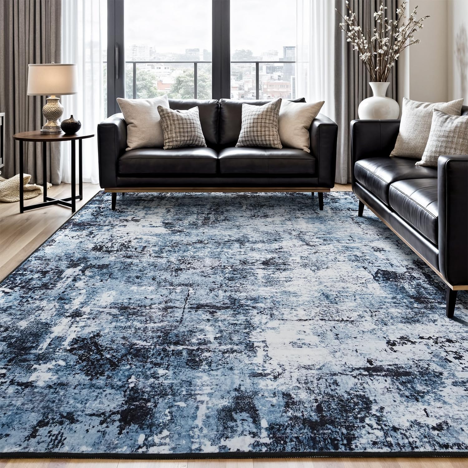 Rugflix 8x10 Area Rugs for Living Room, Washable Large Rug Stain-Resistant Low Pile, Modern Dark Carpet for Dining Room Home Office Kid Room Nursery Bedroom, Navy Blue/Black