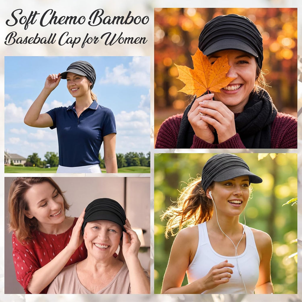 6 Pcs Chemo Cancer Hat for Women Breathable Bamboo Newsboy Baseball Cap Soft Headwear for Cancer Patient Hair Loss Black,dark Grey