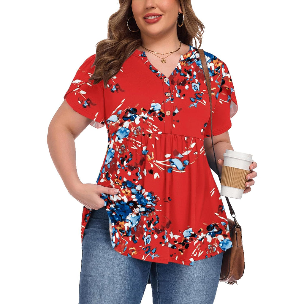 Women's Plus Size Short Ruffle Sleeve Henley Shirts V Neck Button Tunic Tops Casual Swing Flowy Dressy Blouses