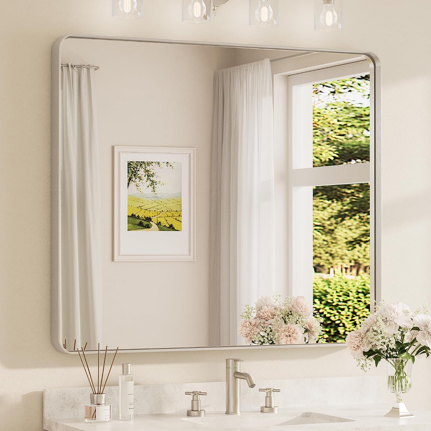Brushed Nickel Bathroom Mirror 42 X 36 Inch For Vanity Metal Framed Mirror Modern Farmhouse For Living Room Entryway(Horizontal/Vertical)
