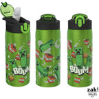 Zak Designs Minecraft Water Bottle For Travel And At Home, 19 Oz Vacuum Insulated Stainless Steel With Locking Spout Cover, Built-In Carrying Loop, Leak-Proof Design (Creeper)