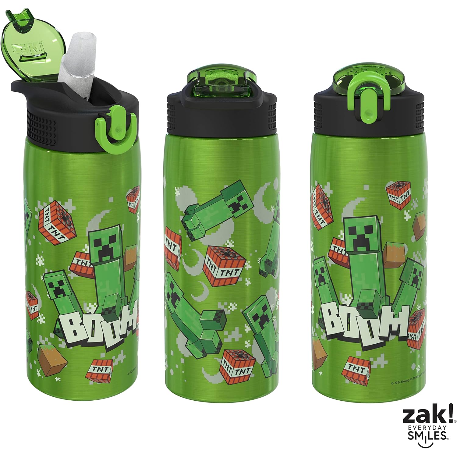 Zak Designs Minecraft Water Bottle For Travel And At Home, 19 Oz Vacuum Insulated Stainless Steel With Locking Spout Cover, Built-In Carrying Loop, Leak-Proof Design (Creeper)