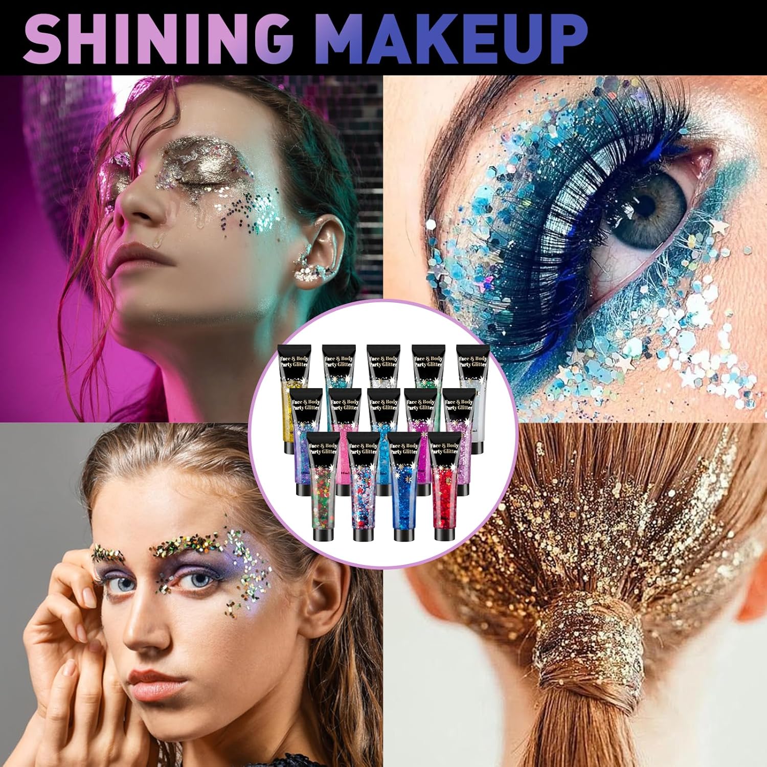 AROIC 14 Colors Body Glitter, 4th of July Face & Hair Glitter Gel Set for Festival, Eye Shimmer for Women Rave Accessories Party Supplies, Face Paint Hair/Cheek/Eyelid Sparkle Makeup-18ml/Tube
