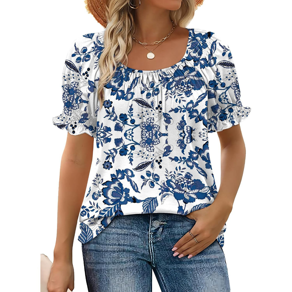 WIHOLL Womens Short Sleeve Square Neck Summer Tops Dressy Casual Blouses Trendy Clothes 2026 B - Blue Floral Print