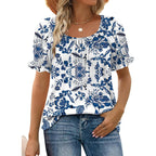 WIHOLL Womens Short Sleeve Square Neck Summer Tops Dressy Casual Blouses Trendy Clothes 2026 B - Blue Floral Print