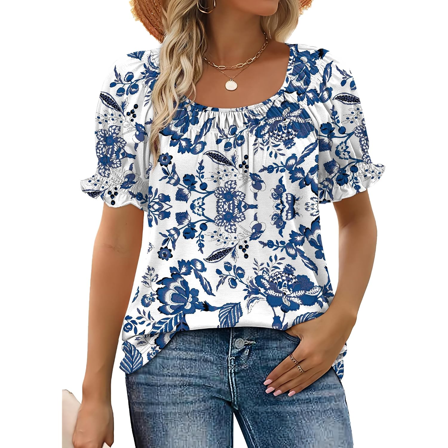 WIHOLL Womens Short Sleeve Square Neck Summer Tops Dressy Casual Blouses Trendy Clothes 2026 B - Blue Floral Print
