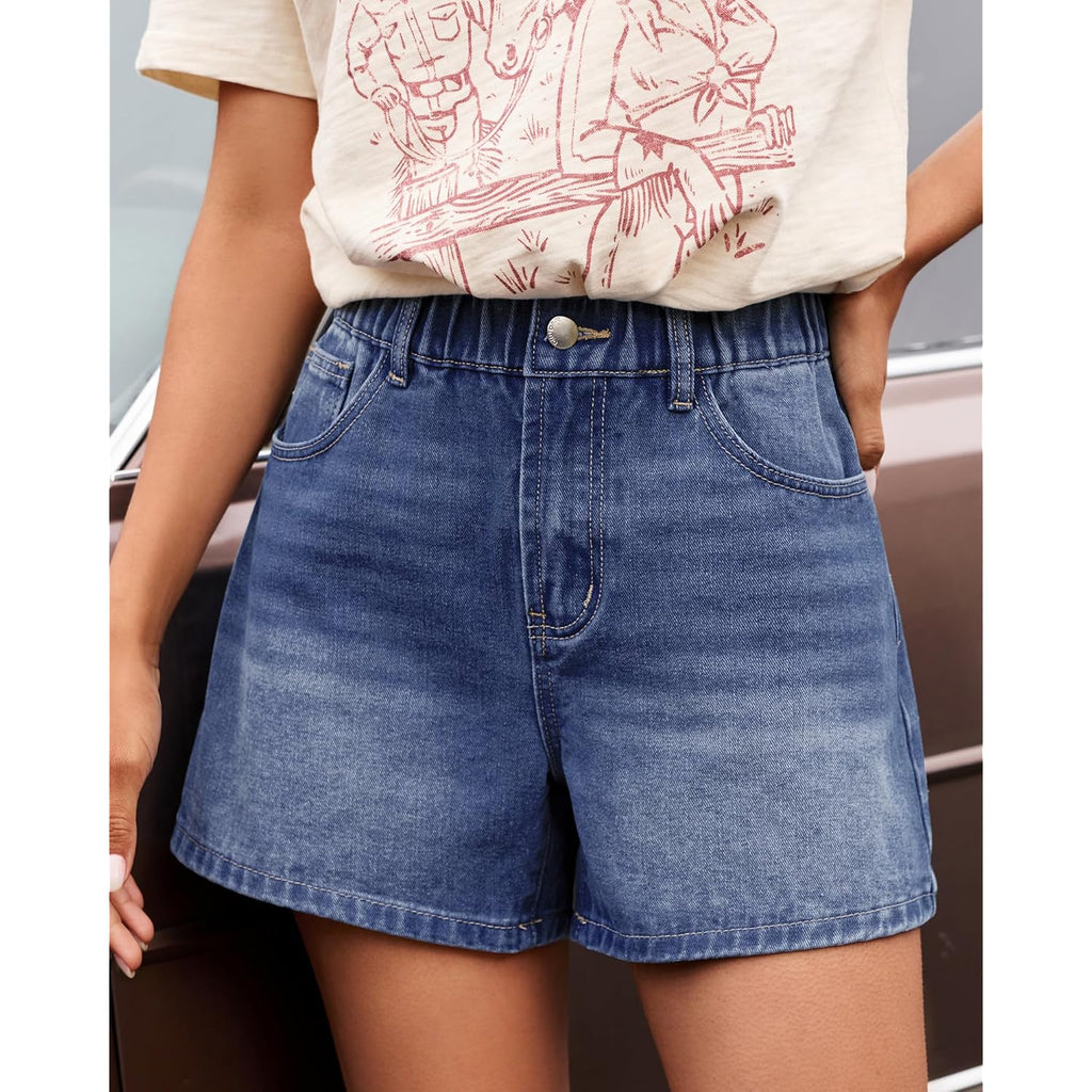Jean Shorts for Women High Waisted Baggy Wide Leg Elastic Waist Mom Denim Shorts 4" Inseam Casual Summer Jorts
