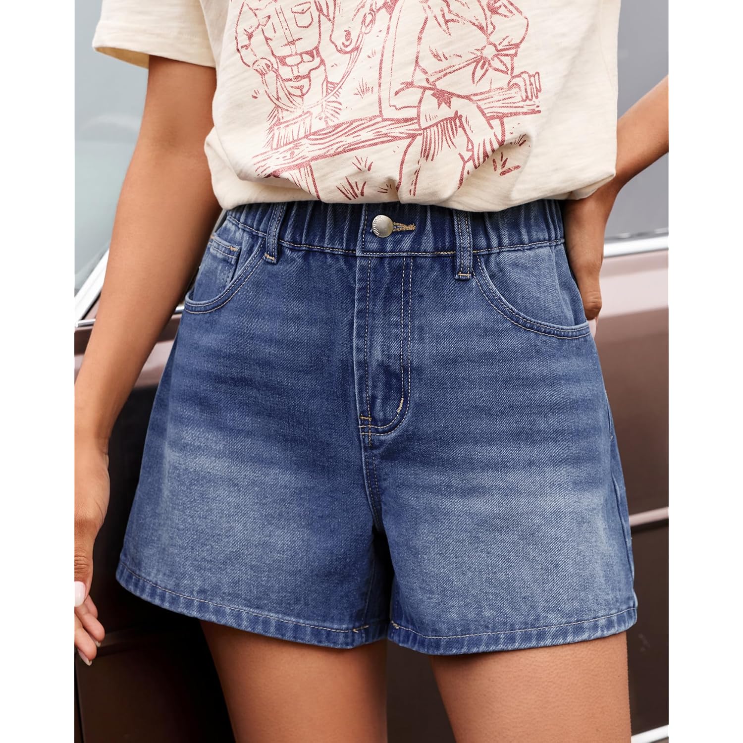 Jean Shorts for Women High Waisted Baggy Wide Leg Elastic Waist Mom Denim Shorts 4" Inseam Casual Summer Jorts
