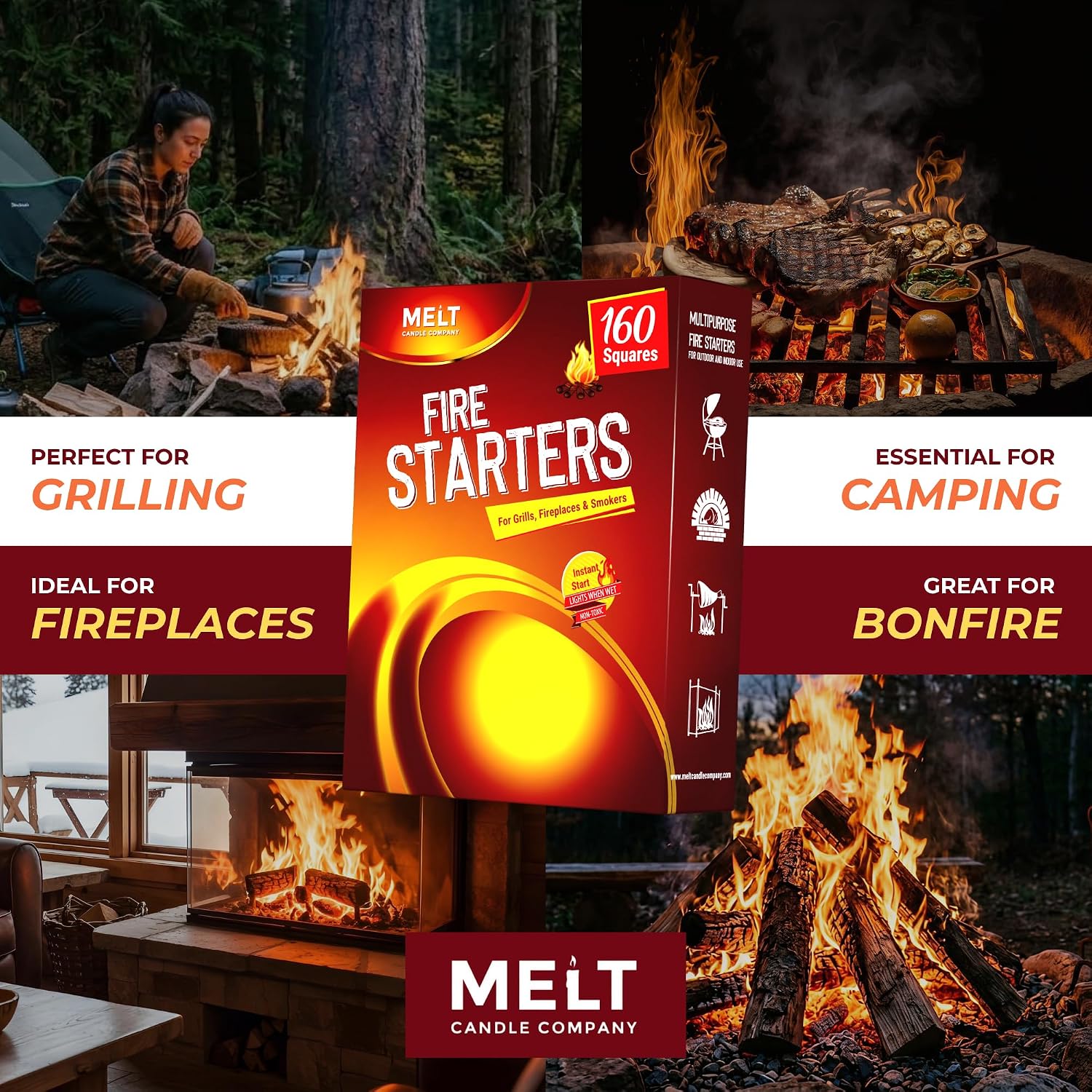 Fire Starter Squares, 160 Count, Campfire, Charcoal Grill & Wood Stove