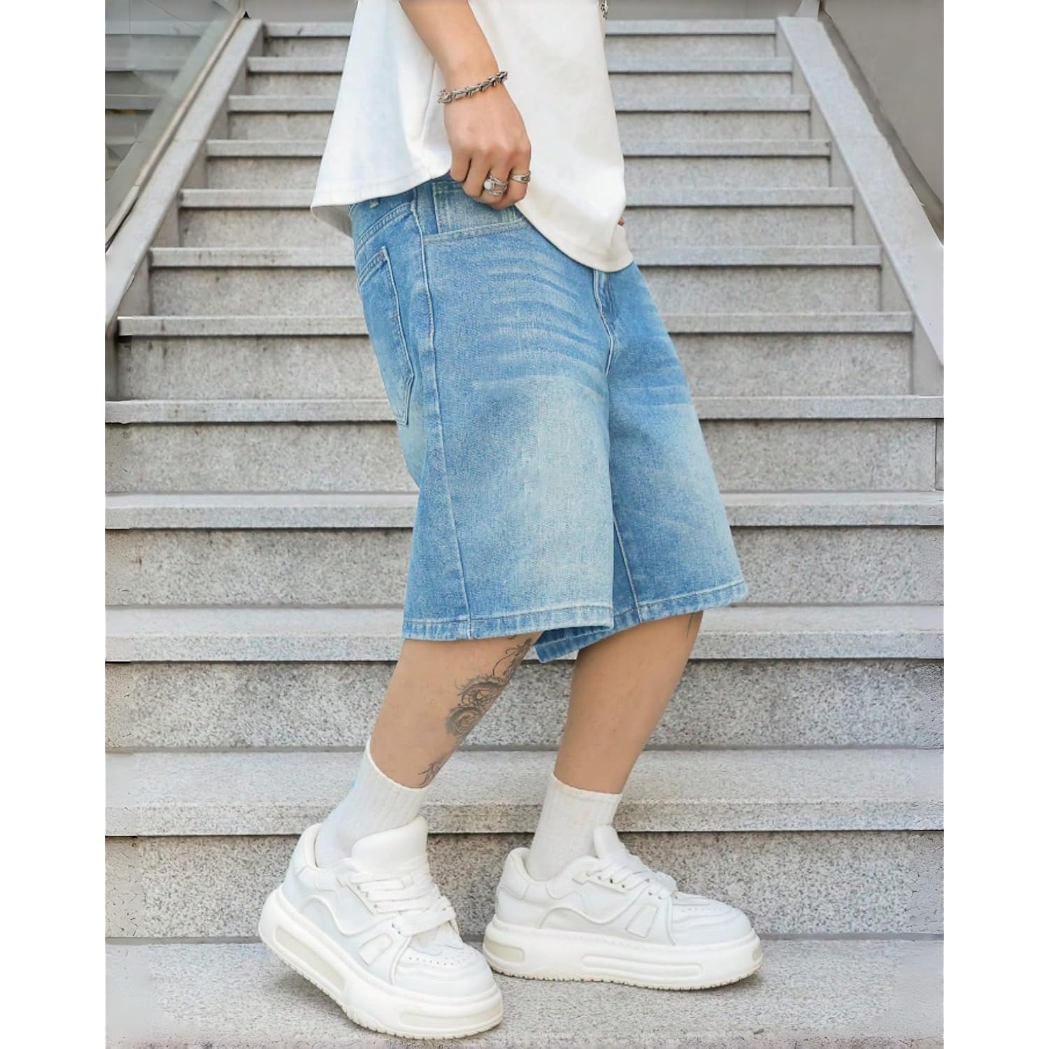 Mens Baggy Jean Shorts Loose Fit Vintage Wide Leg Jorts Y2K Streetwear Hip Hop Casual Long Denim Shorts