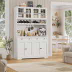 Hostack 75" Kitchen Pantry Storage Cabinet, Coffee Bar Hutch Cabinet, White | Tall Pantry Cabinet With Charging Station / Wide Countertop / Glass Doors / Wine Rack / Cup Holder / Drawers, Dining Room