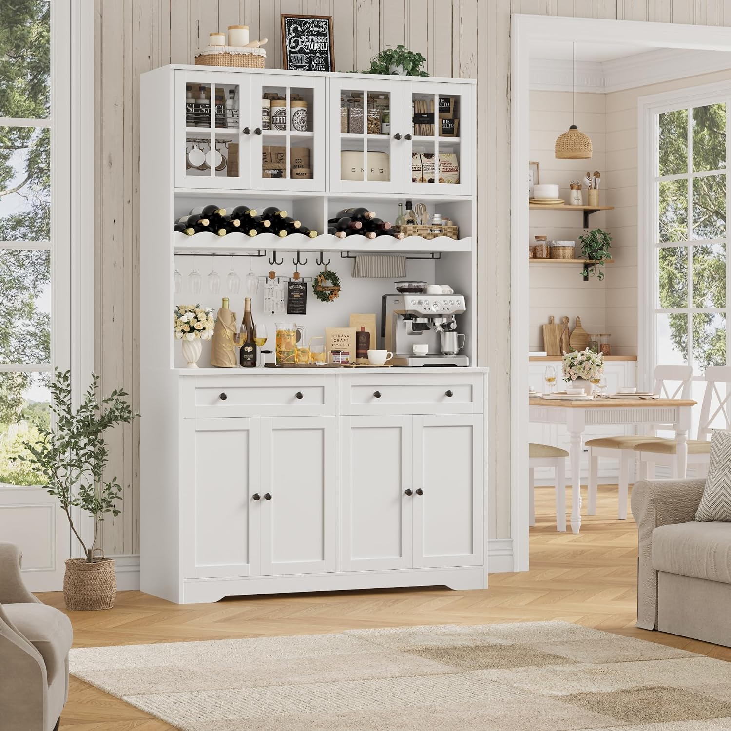 Hostack 75" Kitchen Pantry Storage Cabinet, Coffee Bar Hutch Cabinet, White | Tall Pantry Cabinet With Charging Station / Wide Countertop / Glass Doors / Wine Rack / Cup Holder / Drawers, Dining Room