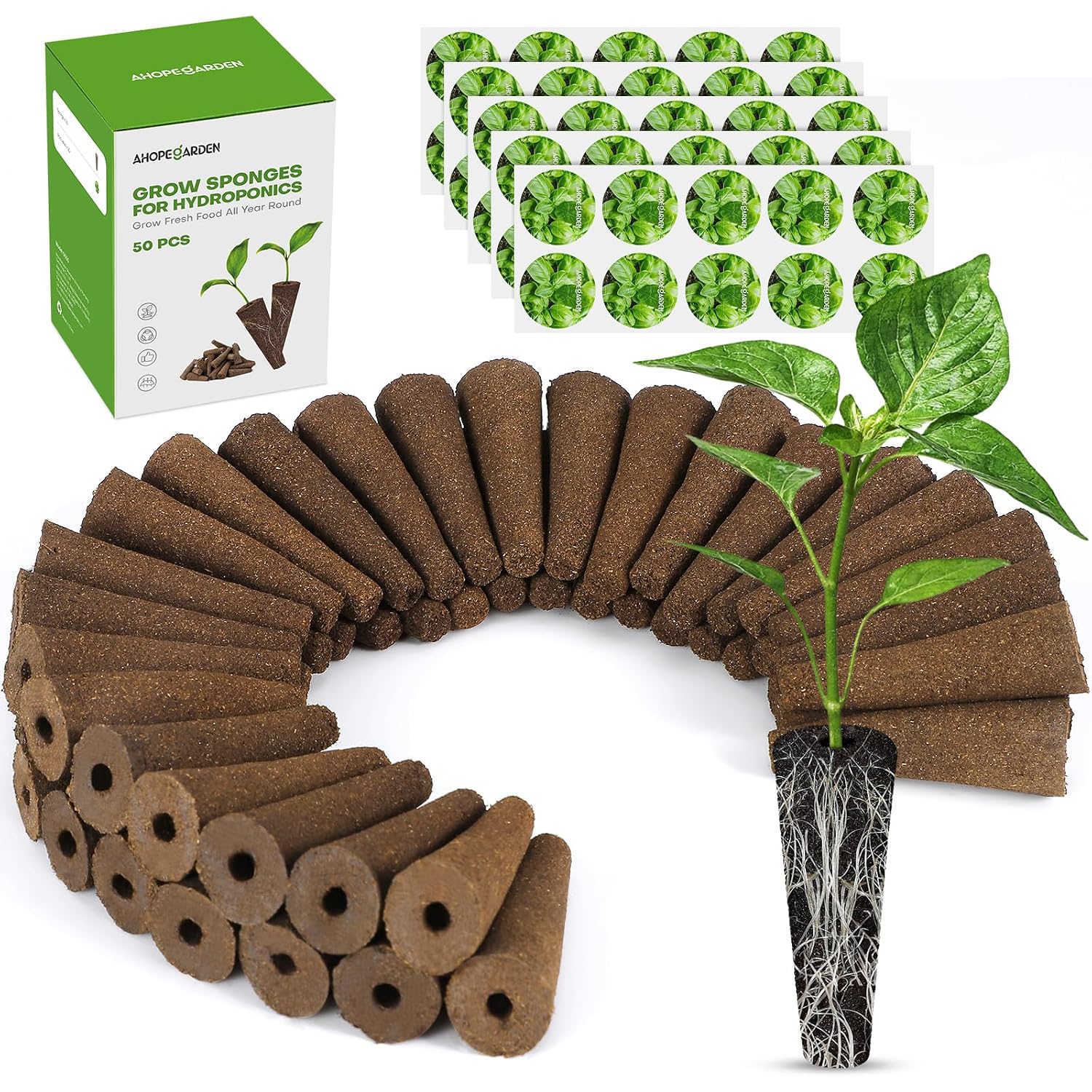 50Pcs Hydroponic Pods Kit: Compatible With Aerogarden Herb Kits With 50 Grow Sponges; 50 Pods Lable, Highly Breathable - Indoor Garden Kit Supplies For Most Brands