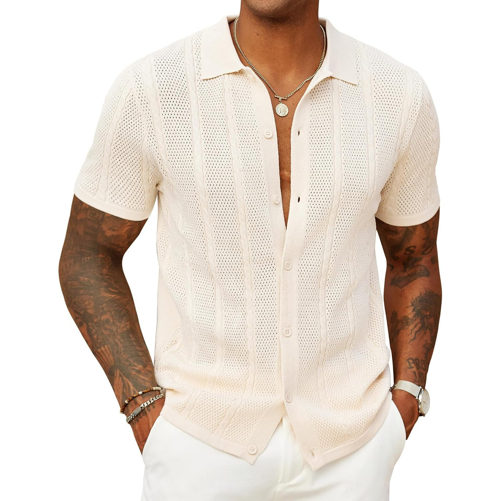 Coofandy Mens Knit Button Down Shirts Casual Textured Polo Shirt Short Sleeve Vintage Summer Beach Tops
