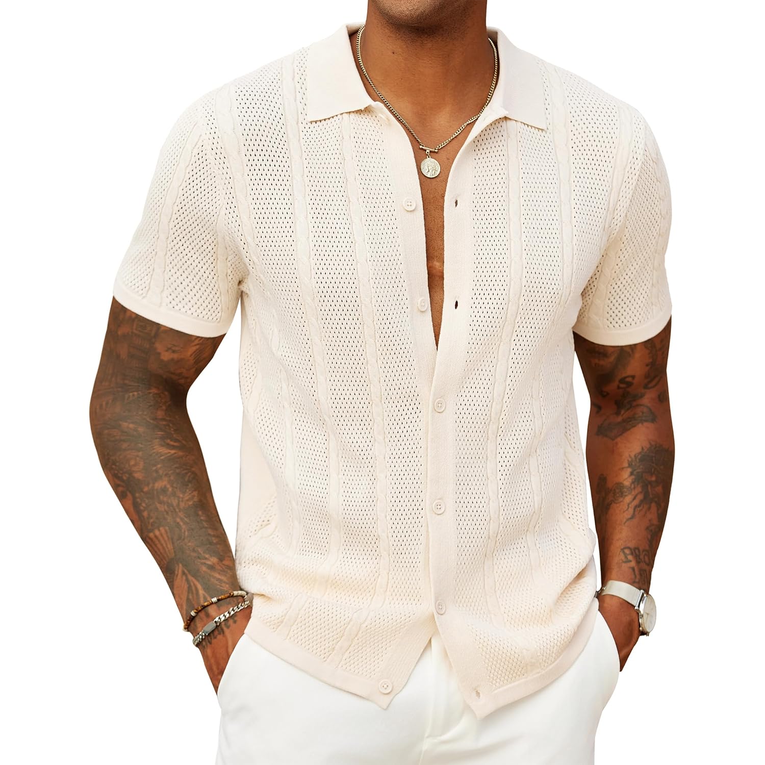 Coofandy Mens Knit Button Down Shirts Casual Textured Polo Shirt Short Sleeve Vintage Summer Beach Tops