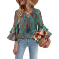 Bebonnie Womens Ruffle Sleeve Casual V Neck Layers Boho Tops Tassel Tie Front Floral Chiffon Blouses