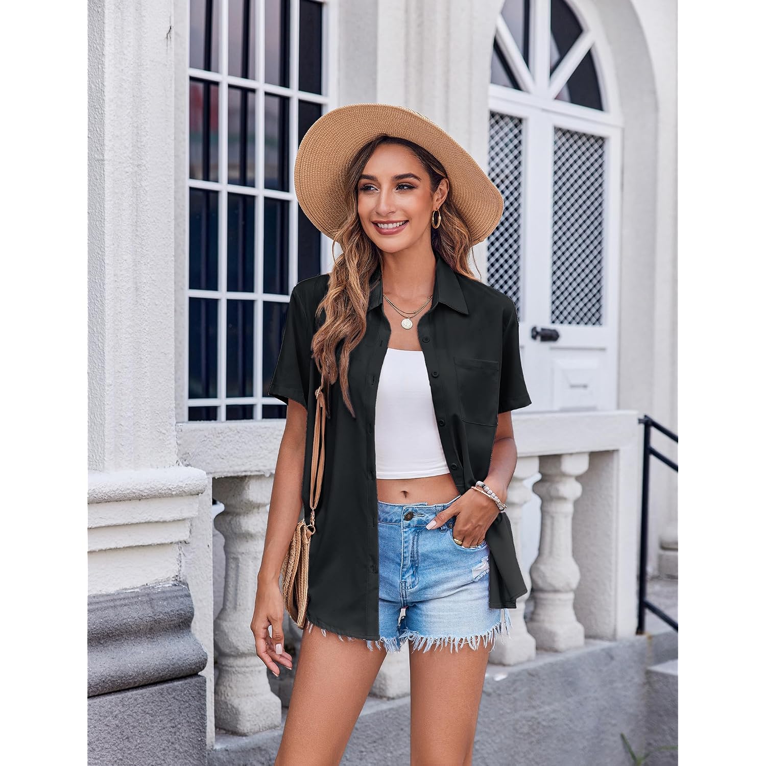 Zeagoo Womens Button Down Shirt Bust Pocket Short Sleeve Blouses Business Casual Work Tops Summer Outfits