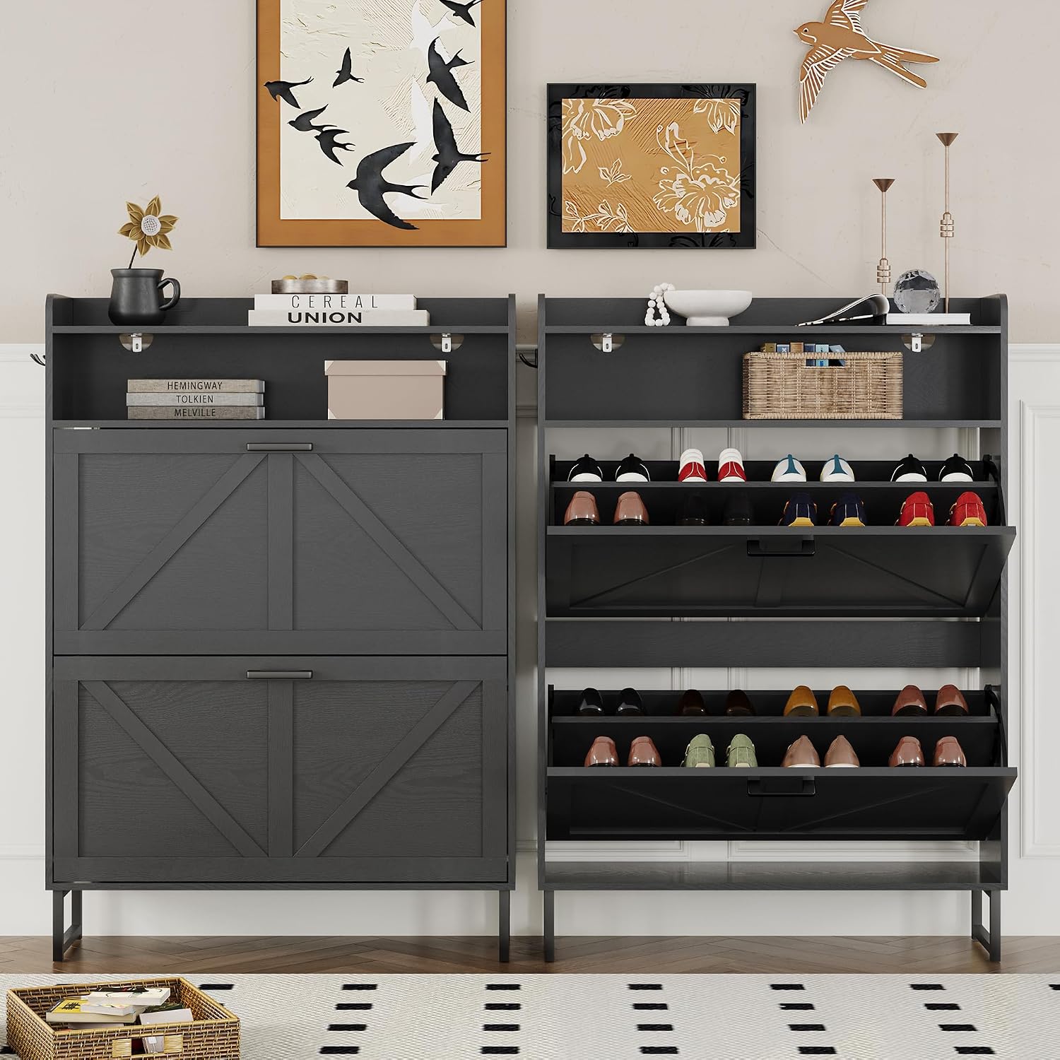 Bornoon Shoe Cabinet With 2 Flip Drawers Narrow Shoe Storage Cabinet Organizer Wooden Freestanding Rack Hidden Slim Storage For Entryway, Hallway, Living Room, Bedroom