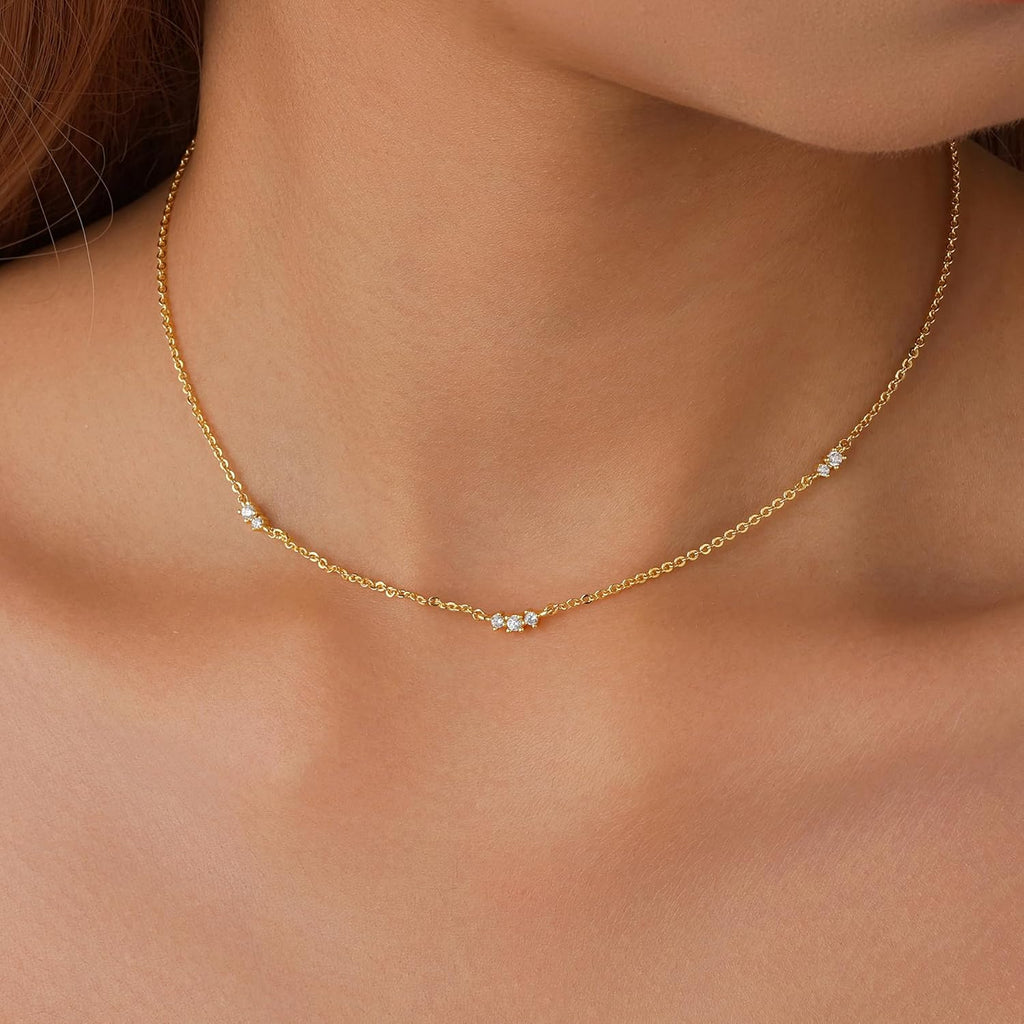 Gold Necklace for Women Dainty 14k Gold Plated Silver CZ Diamond Thin Choker Necklace Trendy Small Layering Chain for Women Non Tarnish Free Womens Simple Waterproof Jewelry 14 16 18inch