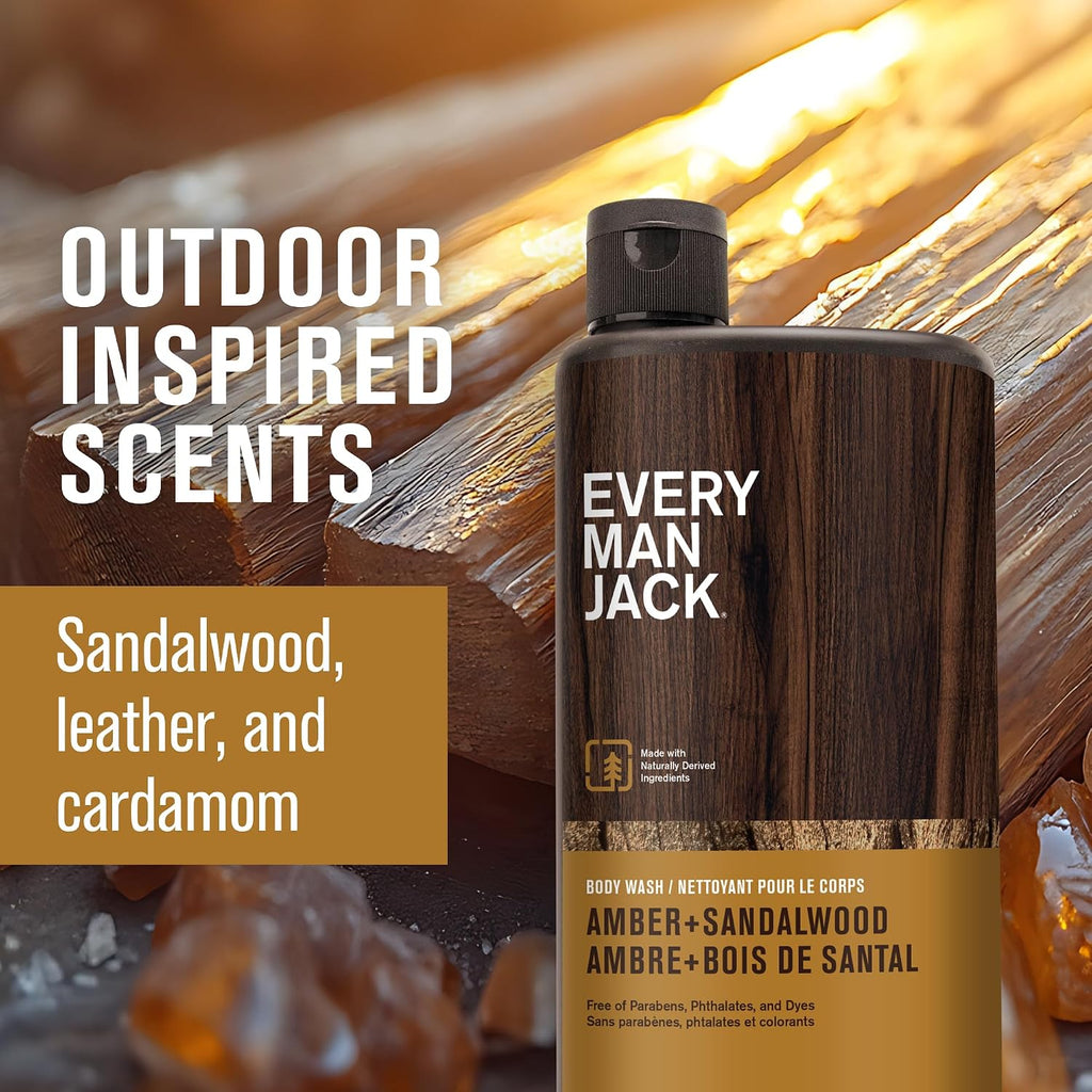 Every Man Jack Amber+Sandalwood Hydrating Mens Body Wash For All Skin Types-Cleanse, Nourish, And Hydrate Skin With Naturally Derived Ingredients-Paraben Free, Phthalate Free, Dye Free-24Oz(Pack Of 2)