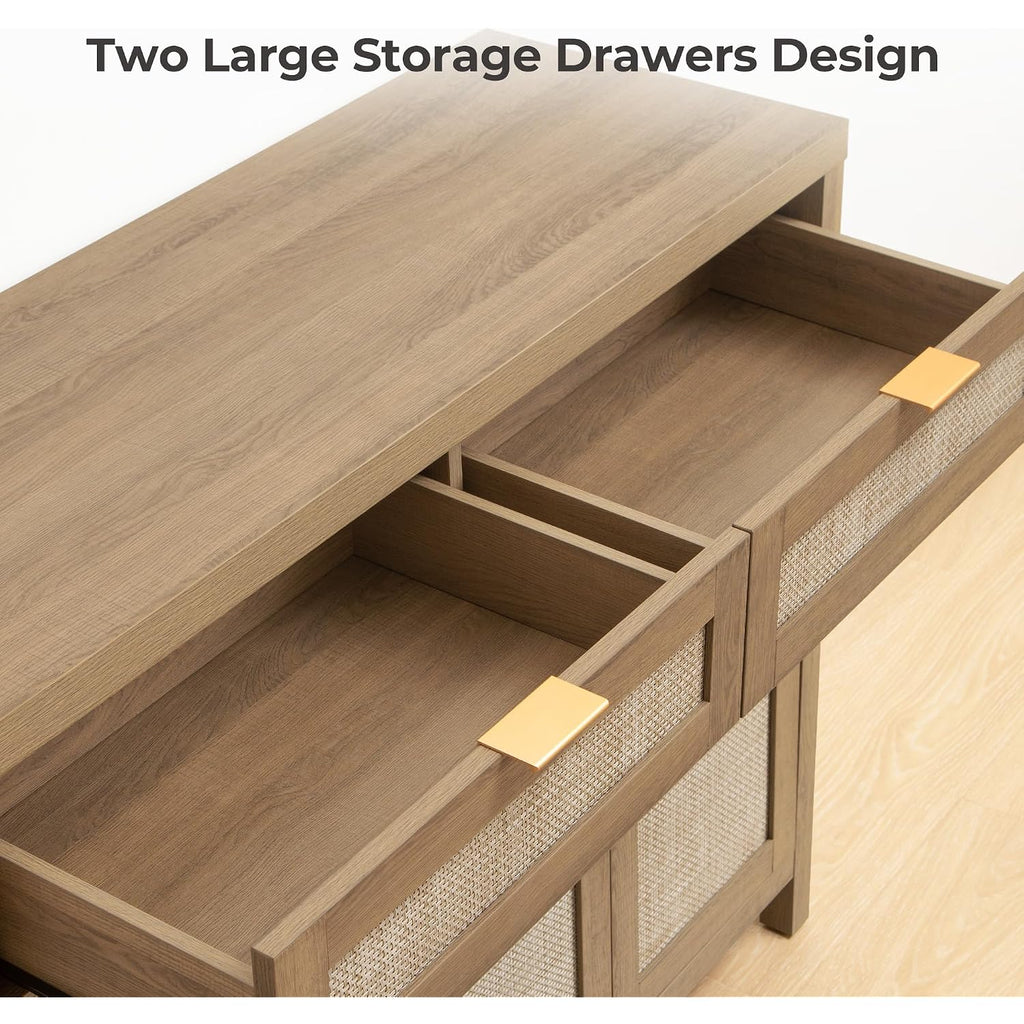 Sicotas Rattan Sideboard Buffet Cabinet With Storage, Boho Credenza Accent Cabinet With 3 Doors And 2 Drawers, Farmhouse Console Coffee Bar For Kitchen, Living Room, And Entryway, Caramel Oak