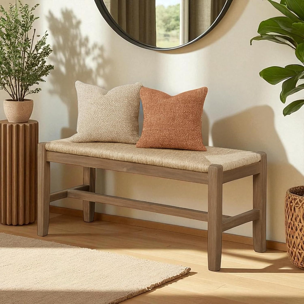 Alaterre Newport Solid Wood Entryway Bench With Rush Seat, Natural | 40” Shoe Bench, Modern Farmhouse Indoor Table Bench With Natural Seagrass Rush Seat, For Mudroom, Dining Room, Or Kitchen